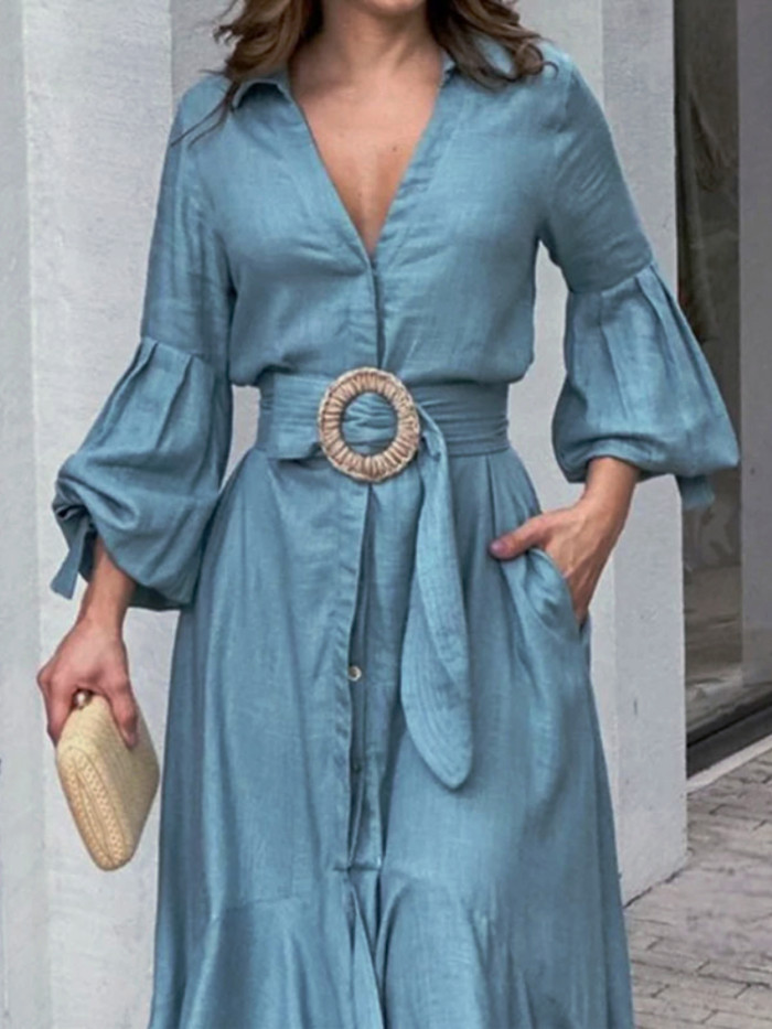 Women Elegant Solid Color Lantern Sleeve Ruffle Hem Pocket Design Belt Maxi Dress