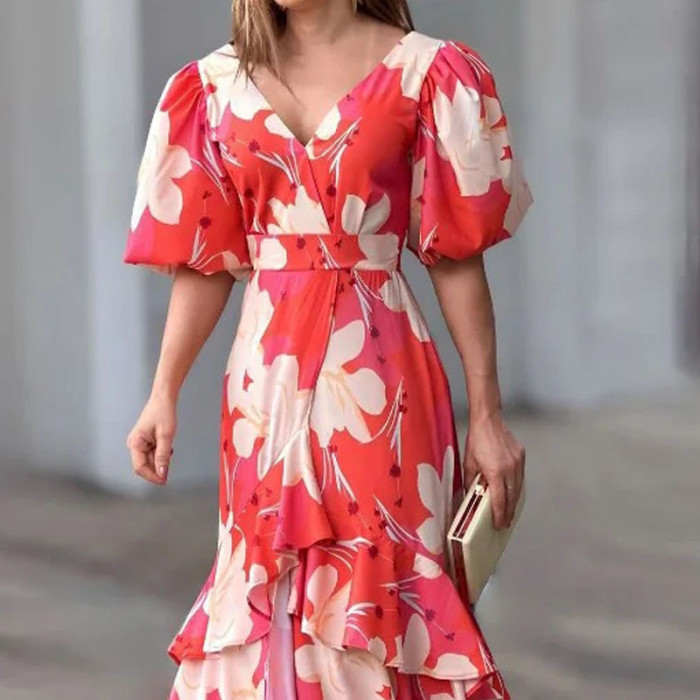 Women's V-neck High Waist Elegant Flower Print Puff Sleeve Holiday Maxi Dresses