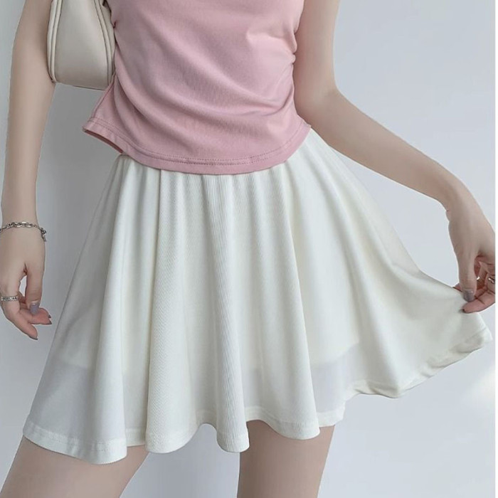 Ice Thin Loose A-shaped Pattern Elastic Waistline Solid Color Casual Sports Mini Skirt