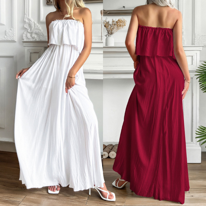 Women Fashion Solid Color Casual Tube Top Vacation Elegant Party Maxi Dress