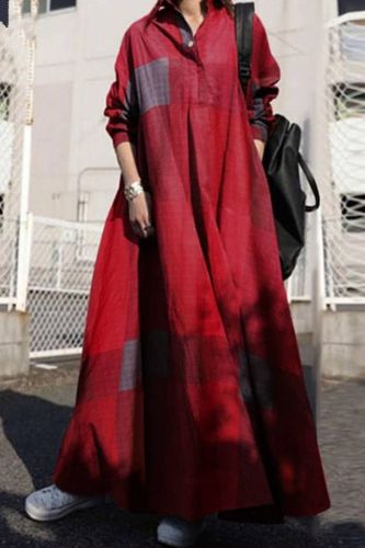 Plus Size Casual Fashion Cotton Linen Lapel Vintage Print Loose Long Sleeve Maxi Dress