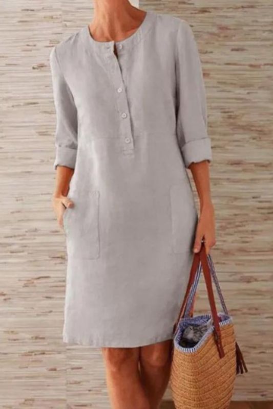 Cotton Linen Loose Casual Long Sleeve Button Pocket Dress