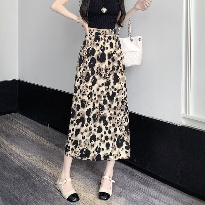 Fashion Sexy Leopard Print Slit Summer High Waist A-Line Bag Hip Mid Skirts