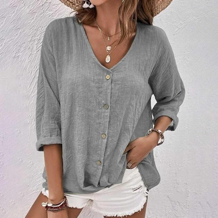 Women's Fashion V Neck 3/4 Sleeves Solid Color Loose Shirt Top