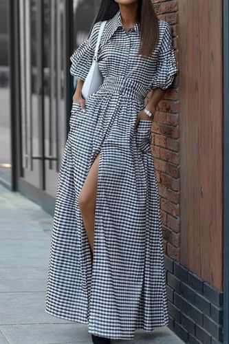 Women's Summer Casual Pocket Lapel Office Elegant Slit  Maxi Dress