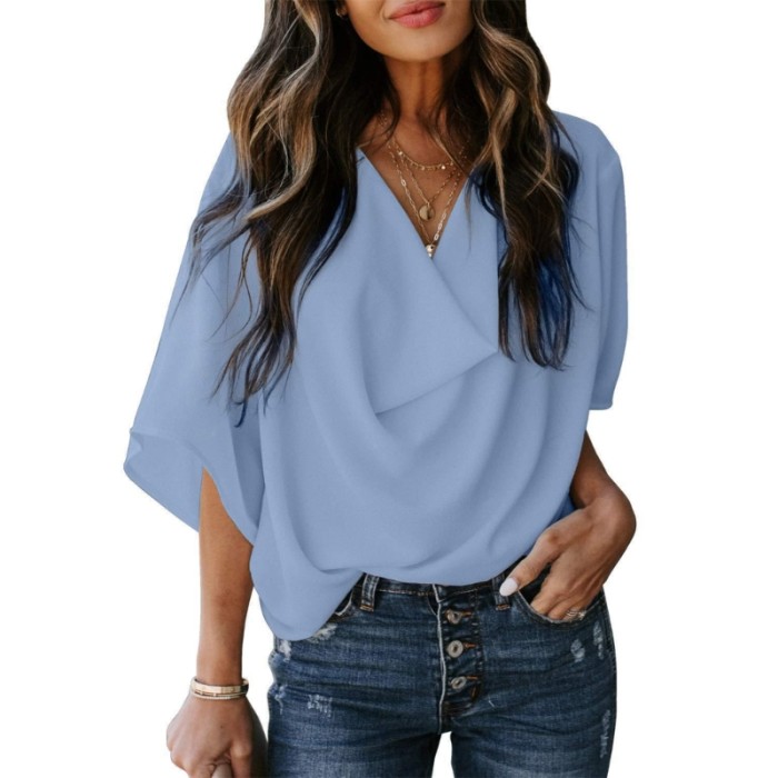 Women's Summer Flared 3/4 Sleeve V Neck Casual Loose Solid Color Blouses & Shirts