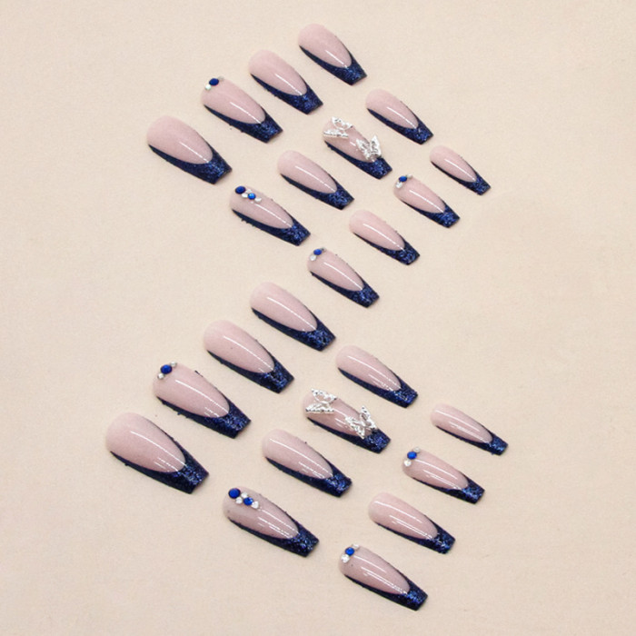 Long Ballet Nail Blast Blue French Silver Butterfly Manicure