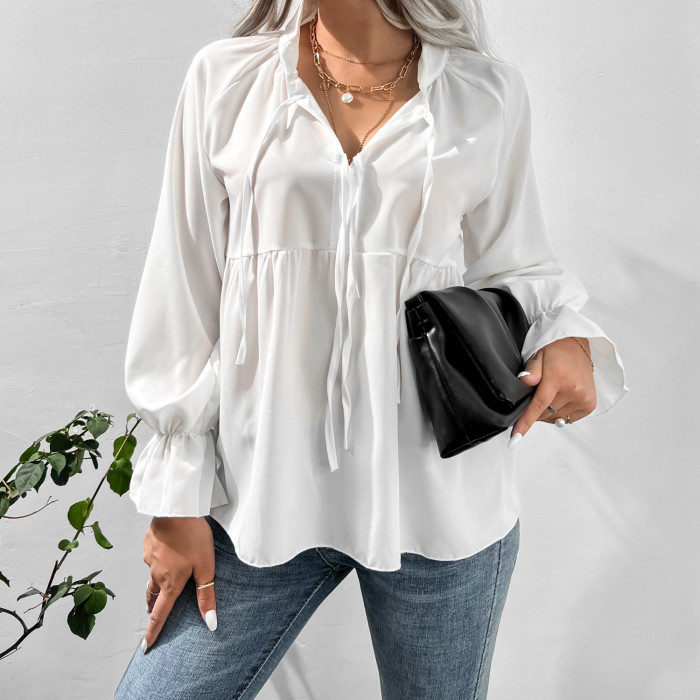 Women's Trumpet Sleeve Bow Casual Top White  Blouses & Shirts