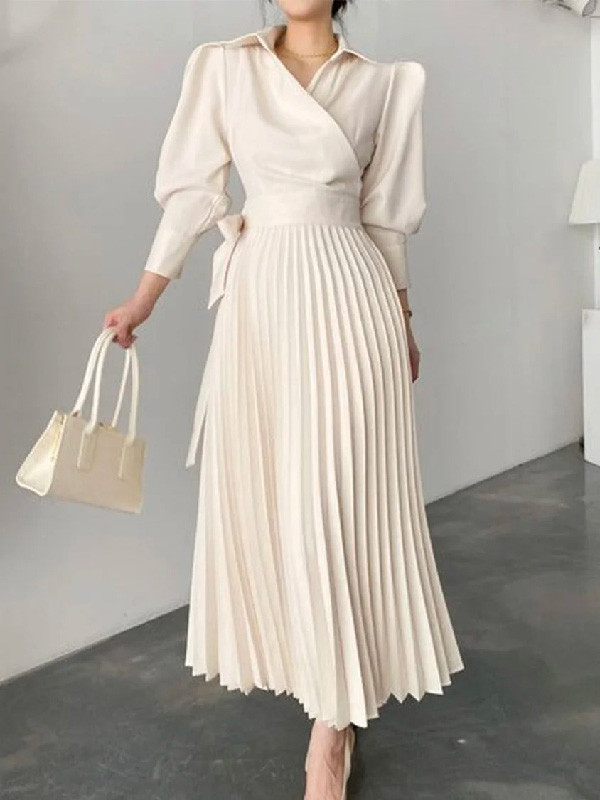 Fashion Solid Color Elegant Lapel Pleated A-Line Office Maxi Dress