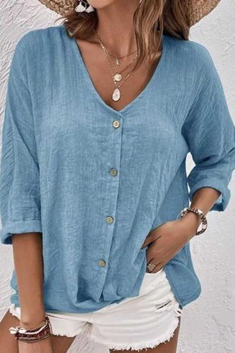 Women's Fashion V Neck 3/4 Sleeves Solid Color Loose Shirt Top