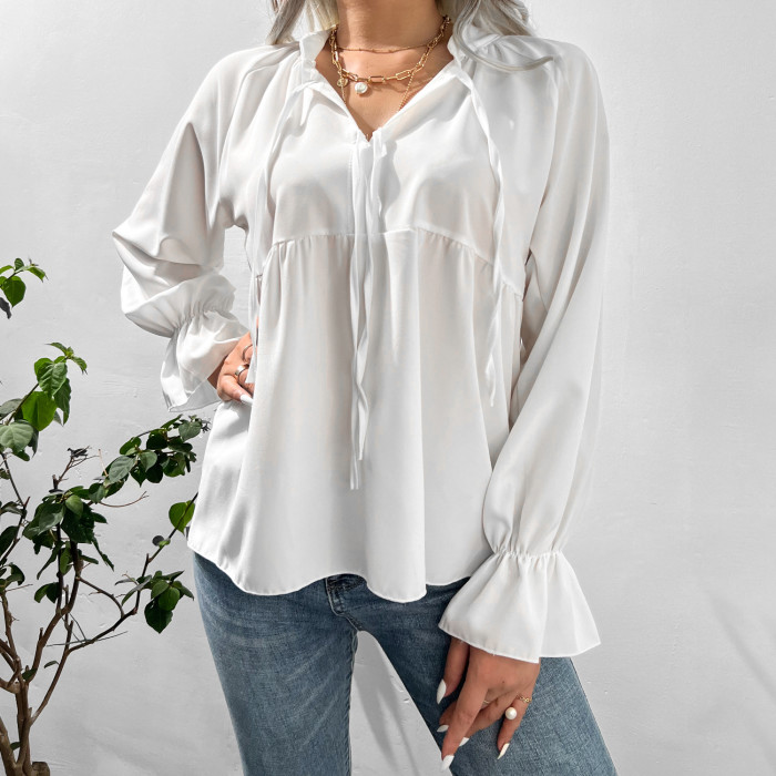 Women's Trumpet Sleeve Bow Casual Top White  Blouses & Shirts