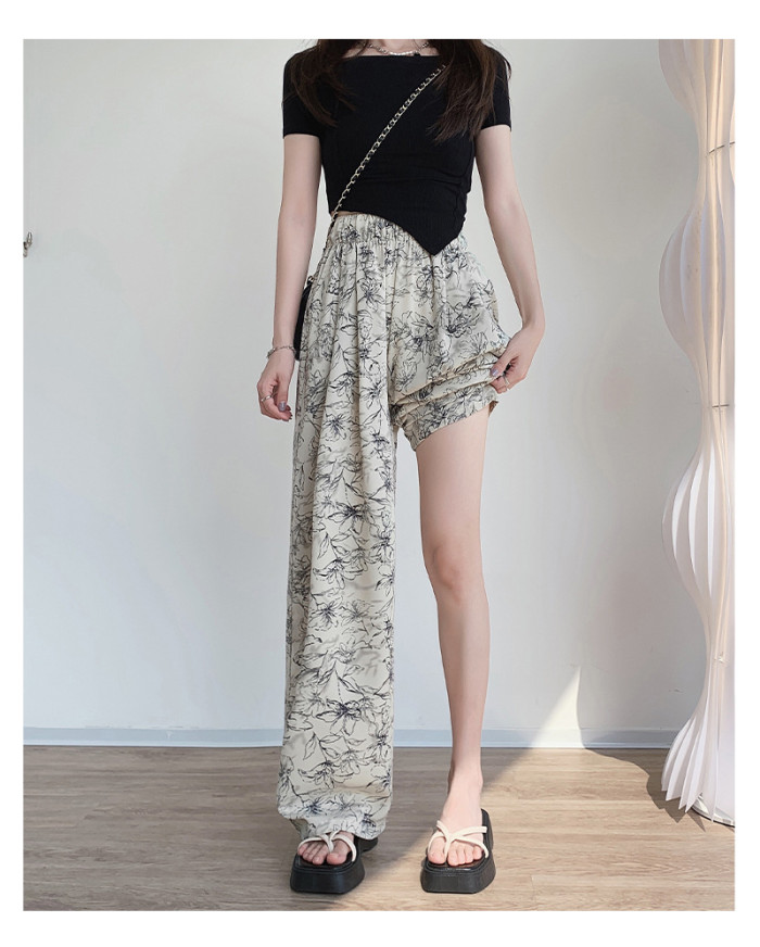 Women's High Waist Loose Slim Floor-Length Chiffon Wide Leg Casual Pants