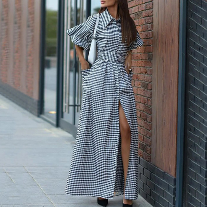 Women's Summer Casual Pocket Lapel Office Elegant Slit  Maxi Dress