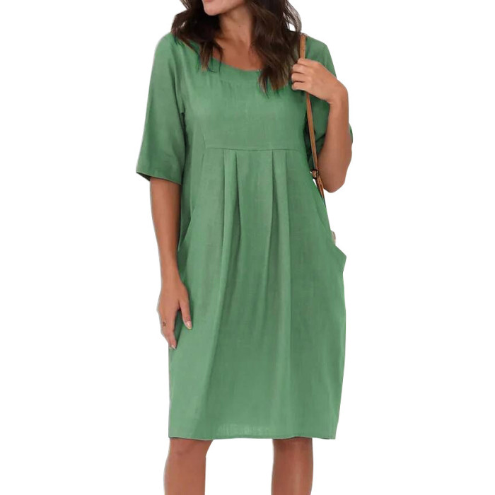 Women's Cotton Linen Loose Pocket O-Neck Short Sleeve Solid Color Casual Dress