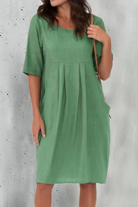 Women's Cotton Linen Loose Pocket O-Neck Short Sleeve Solid Color Casual Dress