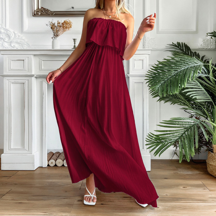 Women Fashion Solid Color Casual Tube Top Vacation Elegant Party Maxi Dress