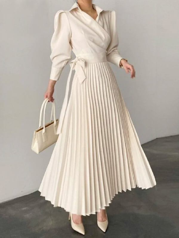 Fashion Solid Color Elegant Lapel Pleated A-Line Office Maxi Dress