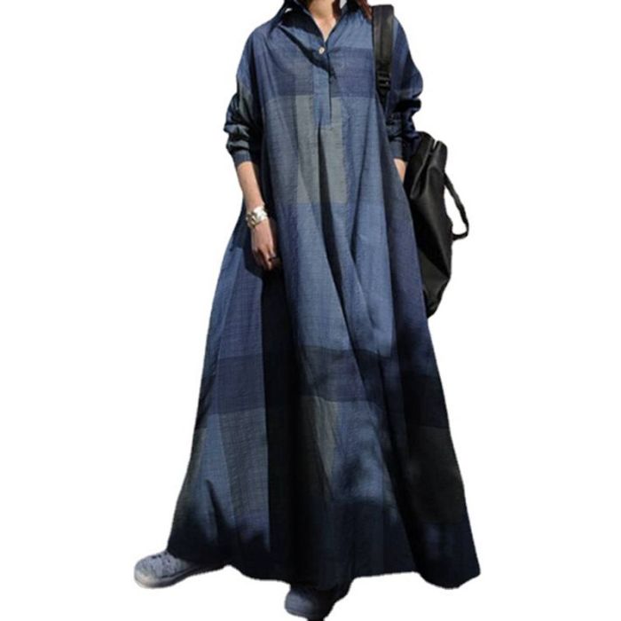 Plus Size Casual Fashion Cotton Linen Lapel Vintage Print Loose Long Sleeve Maxi Dress