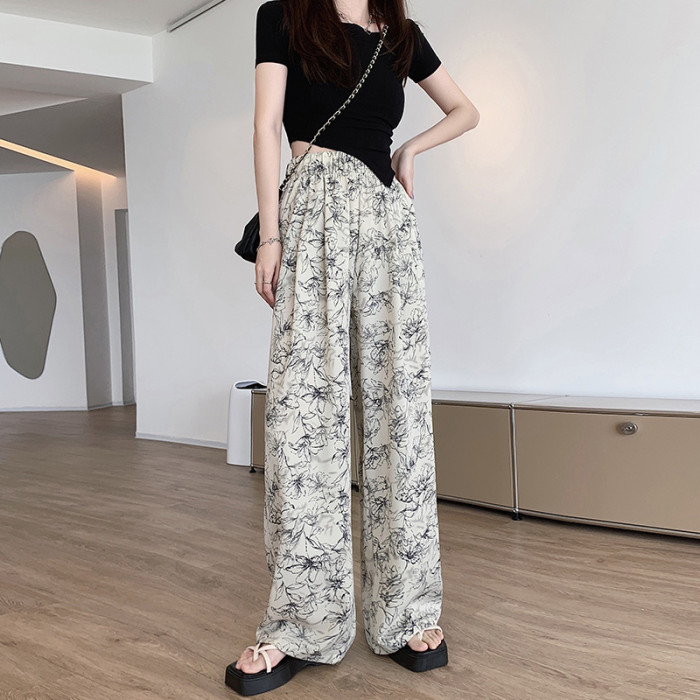 Women's High Waist Loose Slim Floor-Length Chiffon Wide Leg Casual Pants