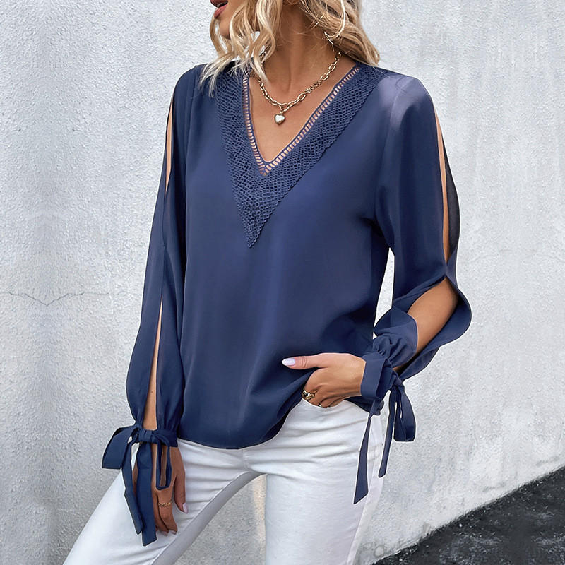 Women's Long Sleeve Top Solid Color V Neck Lace Off Shoulder Office Blouses Shirt