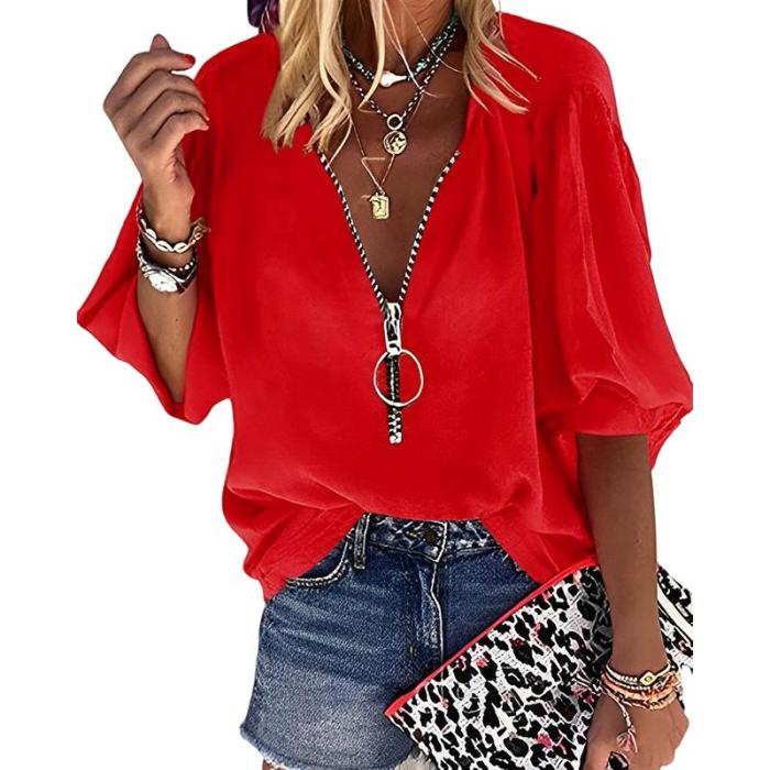 Solid Color Tops Fashion Zipper V Neck 3/4 Sleeves Elegant  Casual  Blouses & Shirts