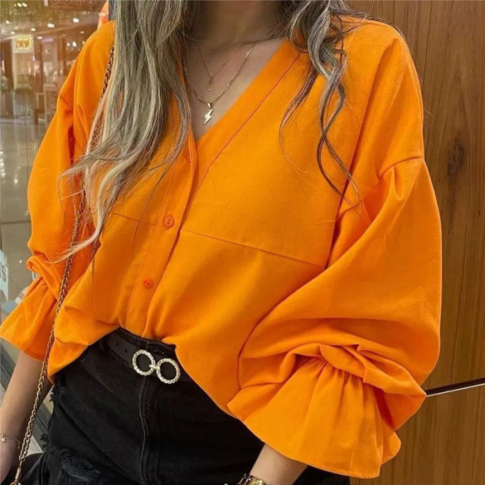 Simple Casual Solid Color V Neck Loose Office Blouses & Shirts