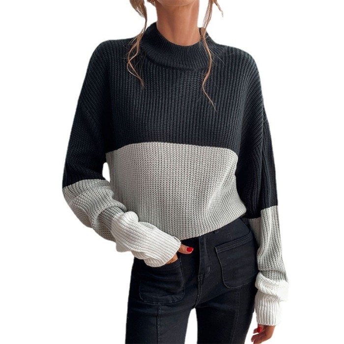 Women's Comfortable Casual Fashion Color Block Long Sleeve Turtleneck Knit Sweater