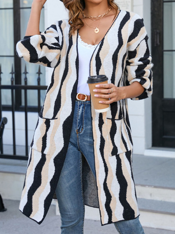 Women's Fashion Elegant Striped Casual Warm Retro Loose Knit Cardigan Coat