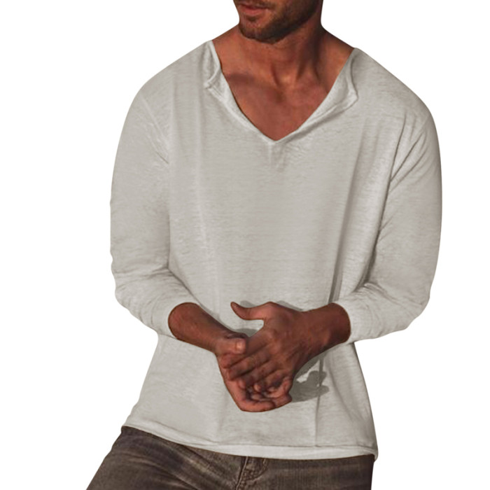 Men's Fashion Retro Long Sleeve Solid Color Casual Loose O-Neck T-Shirt