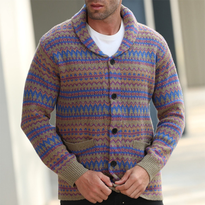 Retro Pattern Knitted Cardigan Fashion Lapel Jacket Casual Sweater