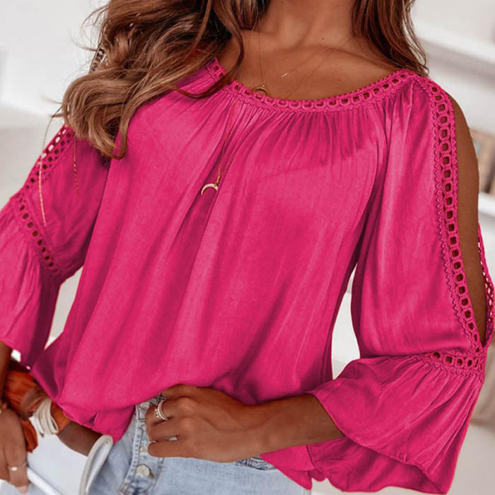 Sexy Round Neck Loose Hollow Ruffles Office Butterfly Sleeve Blouse