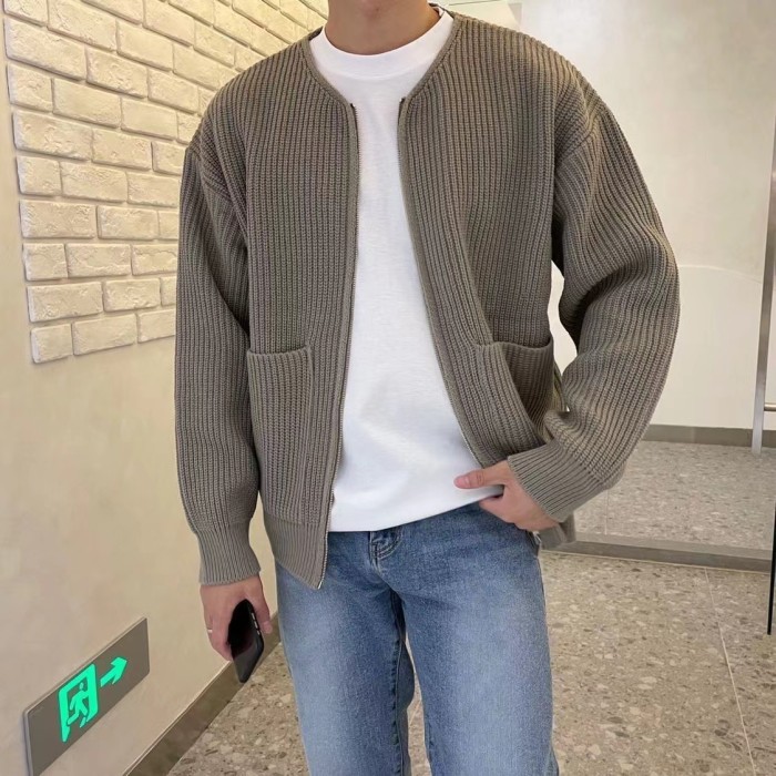 Men's Knitted Sweater V Neck Fashion Zipper Solid Color Casual Cardigan Jacket