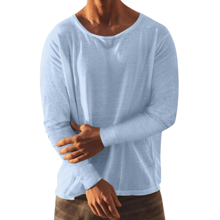 Men's Fashion Vintage Long Sleeve Solid Color Casual Loose V Neck T-Shirt