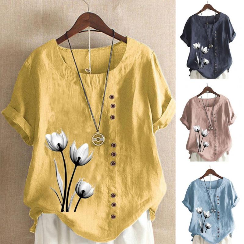 Women's Fashion Casual Linen Round Neck Loose Printed T-Shirt