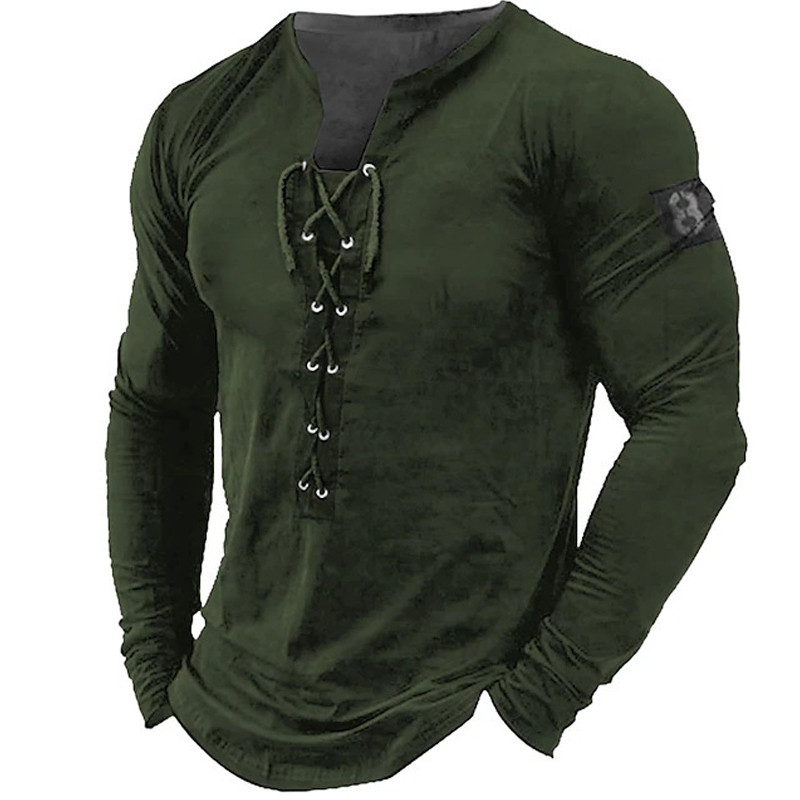 Fashion Men's Casual Loose Lace Up Vintage Solid Color Drawstring T Shirts