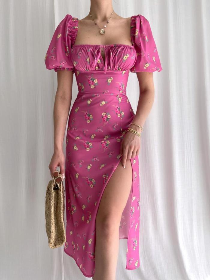 Elegant Summer Printed Slim Strap Hollow Square Neck  Midi Dress