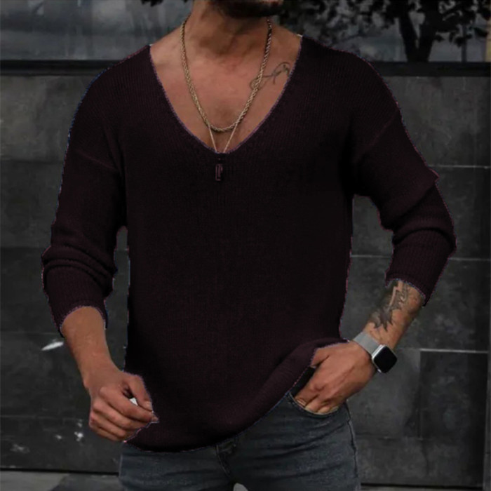 Men's Fashion Solid Color Sweater V Neck Long Sleeves Knitted T-Shirt Top