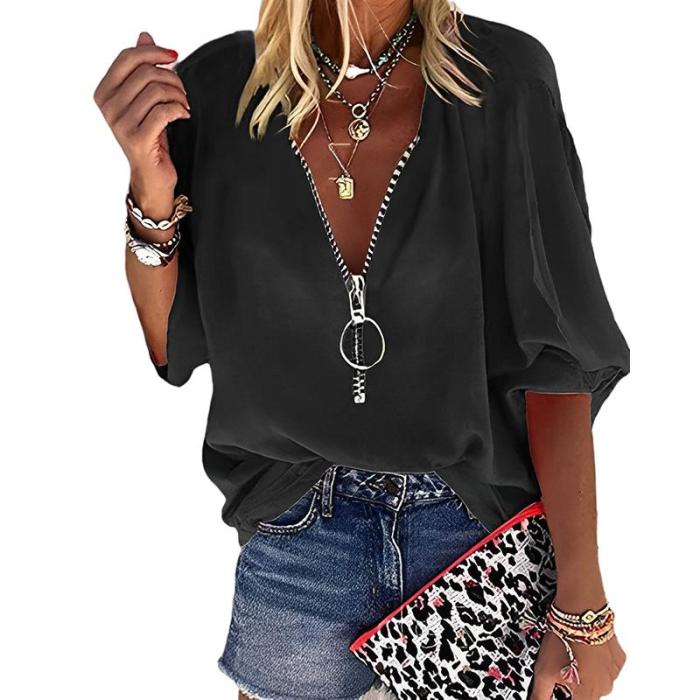 Solid Color Tops Fashion Zipper V Neck 3/4 Sleeves Elegant  Casual  Blouses & Shirts