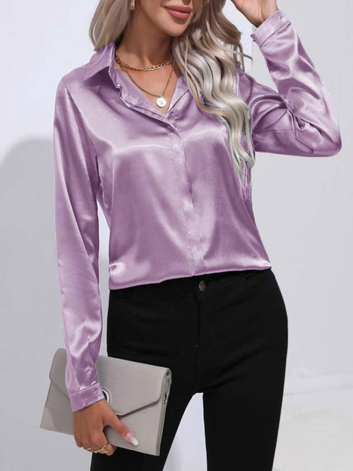 Fashion Satin V Neck Long Sleeve Office Loose Blouses & Shirts