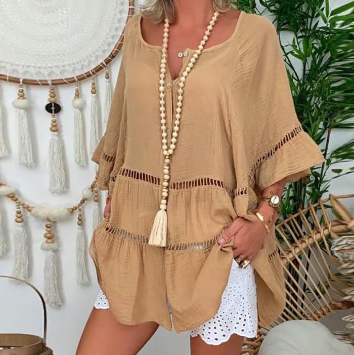 Women's Cotton Linen Cutout 3/4 Long Sleeve V Neck Blouses & Shirts