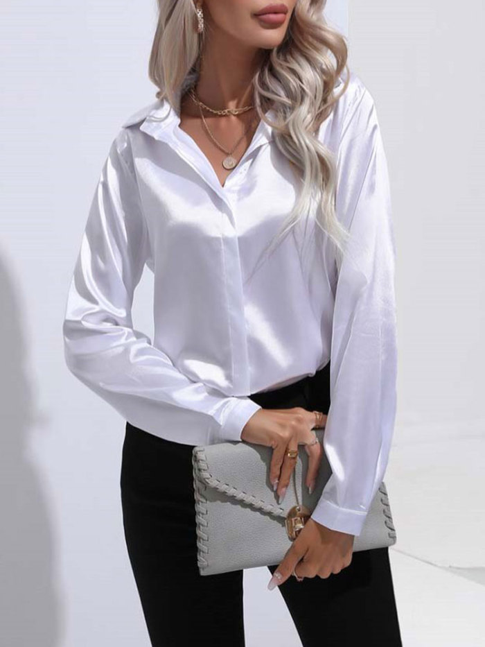 Fashion Satin V Neck Long Sleeve Office Loose Blouses & Shirts