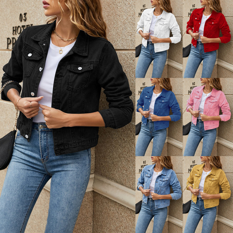 Fashion Women's Casual Solid Color Button Down Slim Denim Jacket
