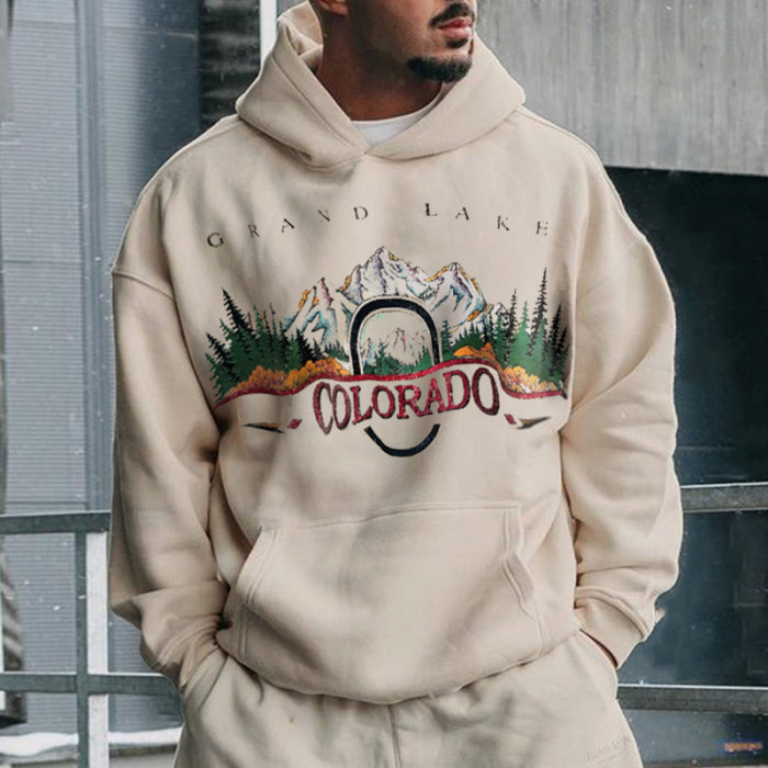 Fashion Printed Men's Fashion Drawstring Casual Loose Hooded Sweatshirt