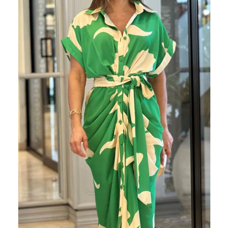 Elegant Print Lapel Short-Sleeve Single-Breast Tie Pleated Shirt  Midi Dress