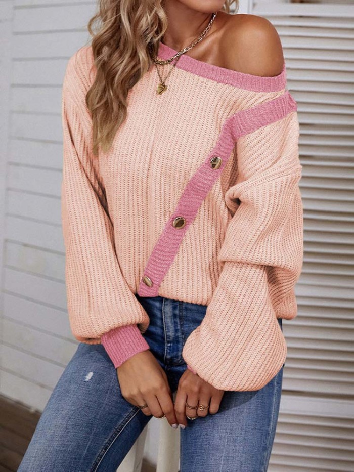 Women's Fashion Pullover Lantern Sleeves Thick Warm Casual Knitted Sweater