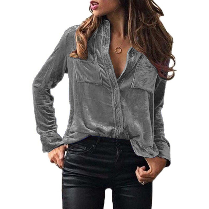 Women's Fashion Solid Color Velvet Casual Long Sleeve Blouses & Shirts