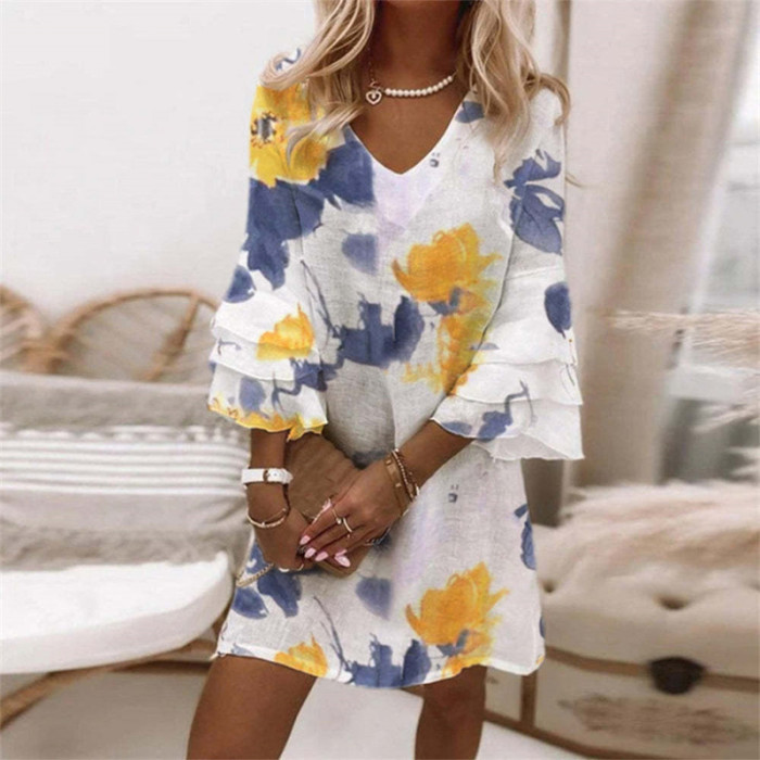 Women's Fashion Loose V Neck Elegant Sweet Printed Formal Casual Dress