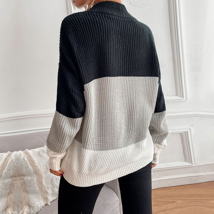 Women's Comfortable Casual Fashion Color Block Long Sleeve Turtleneck Knit Sweater
