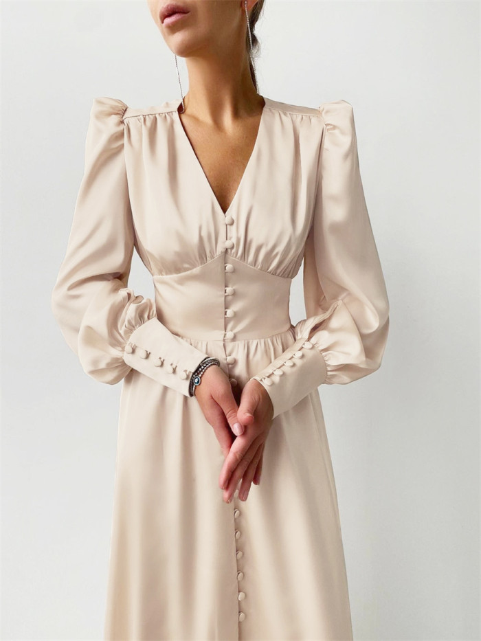 Fashionable Elegant Satin A-Line Party Long Sleeve V Neck Flare Midi Dress