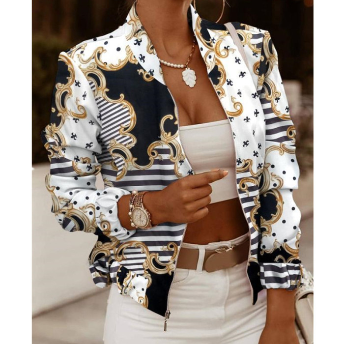 Women's Stand Collar Long Sleeve Fashion Bohemian Print Zipper Top Jacket